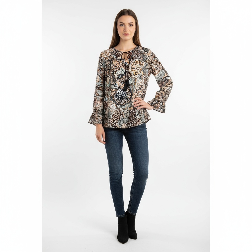 ZAC & RACHEL Womens Blouse XL Multicolor Floral Paisley Ruffle Tie-Neck Bohemian